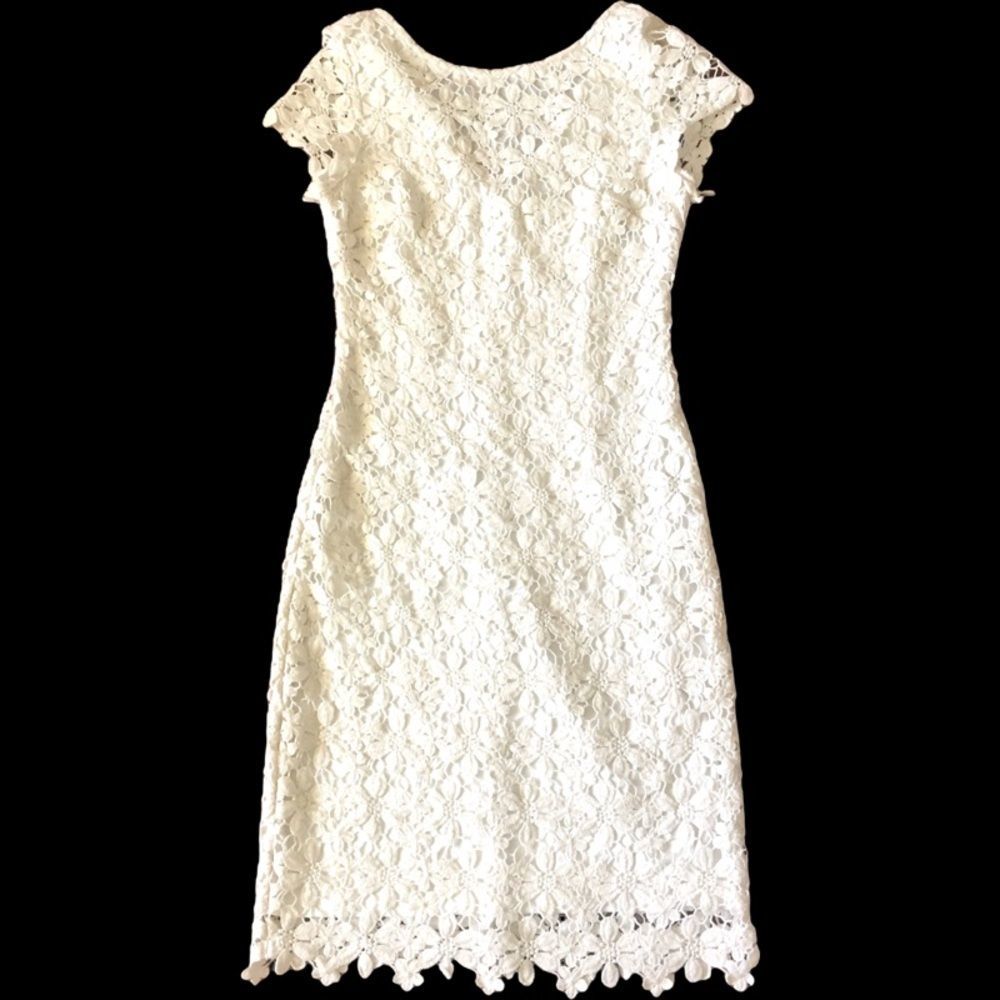 Cache Ivory Cocktail Dress Embellished Crochet Appliqué Flower